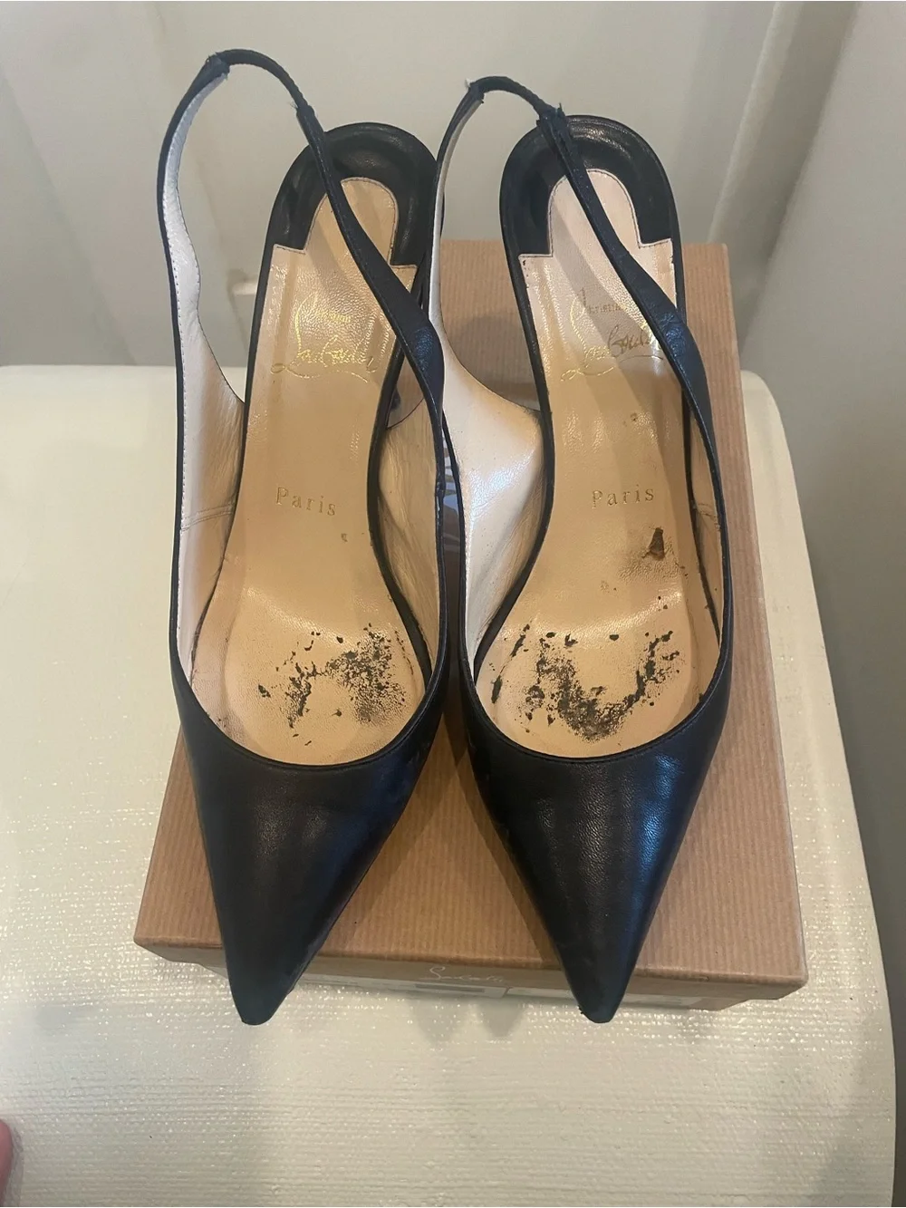 Christian Louboutin Black Pointed Slingback Pumps with Nude Interior